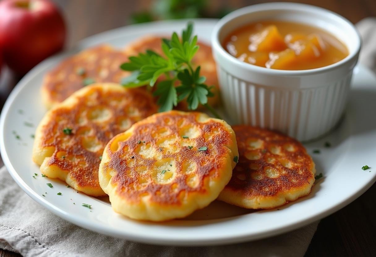 Knusprige Kartoffelpuffer mit hausgemachtem Apfelmus, perfekt serviert.