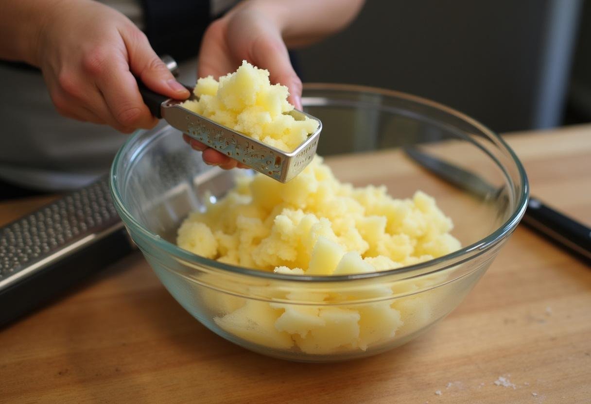 Rohe Kartoffeln werden für Kartoffelpufferknusperfestival mit Apfelmus gerieben.