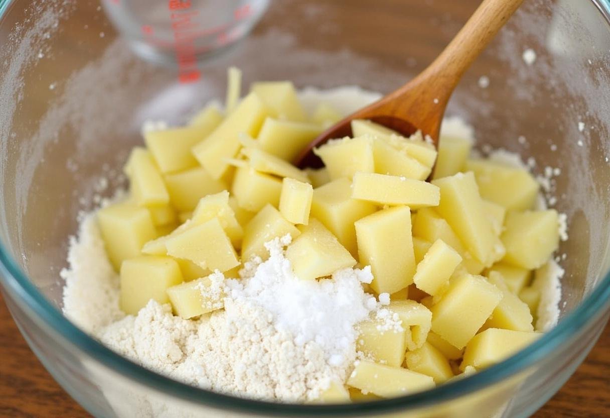 Geriebene Kartoffeln werden mit Mehl und Salz für Kartoffelpuffer gemischt.