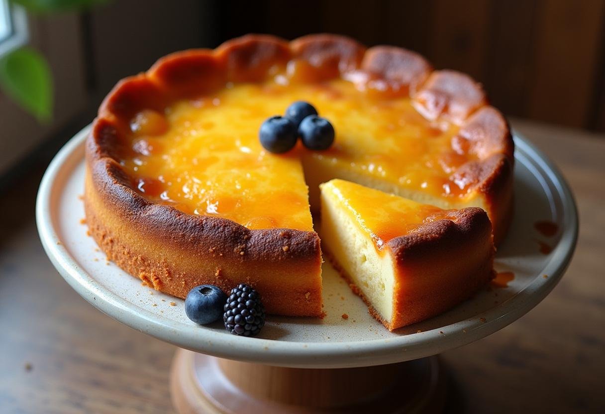 Finished Käsekuchen der Träume with golden top and fresh berries, ready to serve.