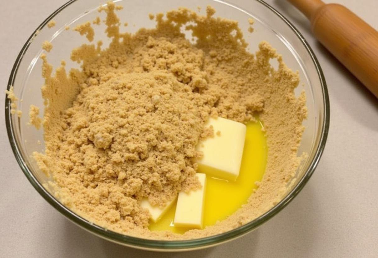 Graham cracker crumbs and melted butter mixed for the crust of Käsekuchen der Träume.