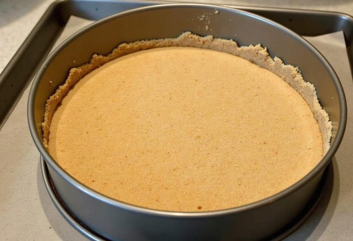 Pressed graham cracker crust in a springform pan for Käsekuchen der Träume.