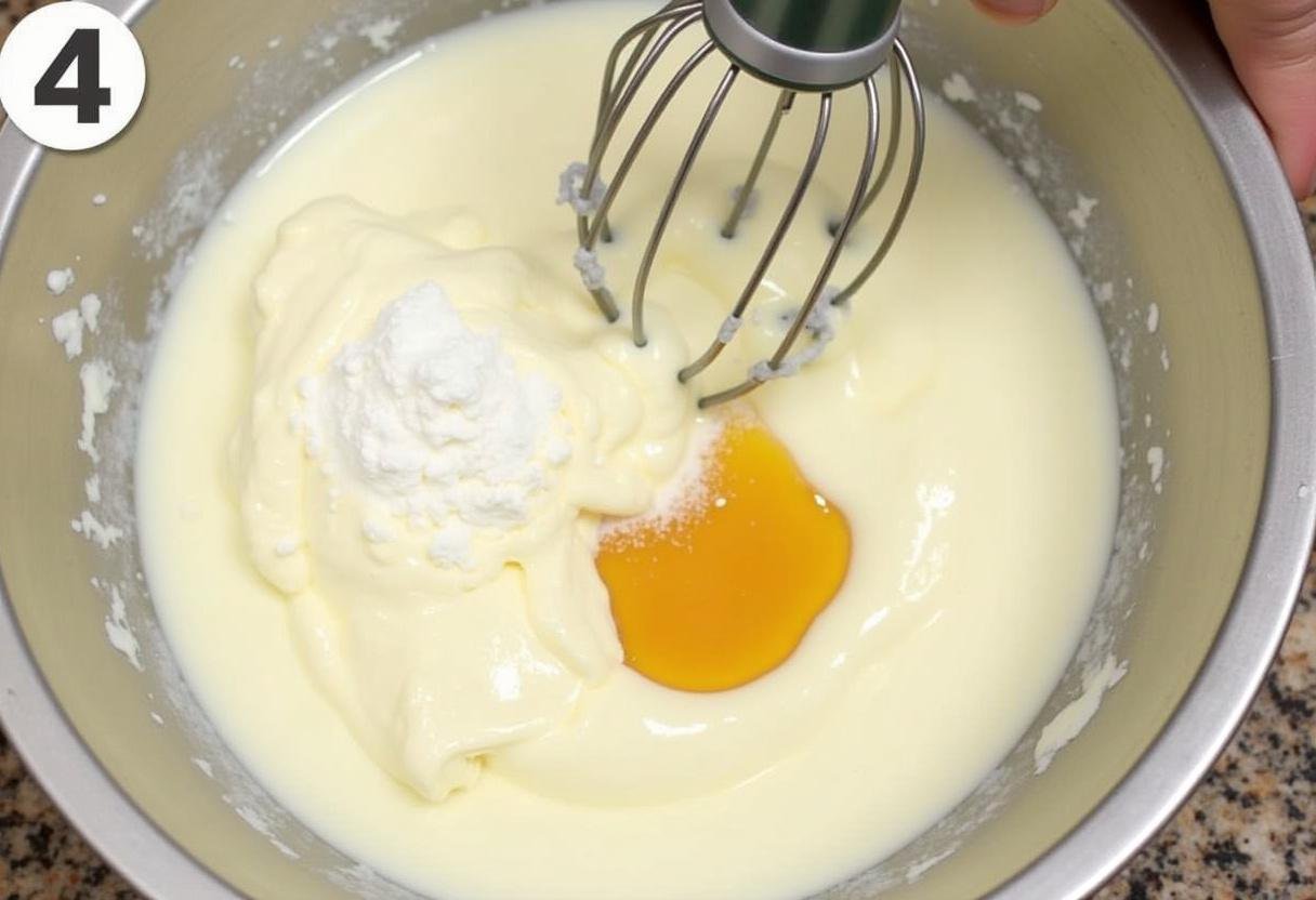 Cream cheese, sugar, and vanilla being blended for the filling of Käsekuchen der Träume.