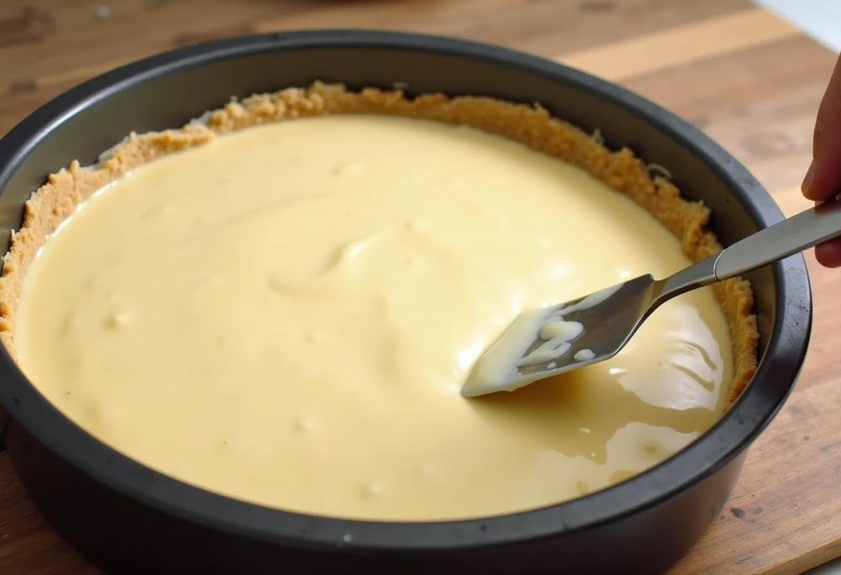 Cream cheese filling poured over the crust for Käsekuchen der Träume.
