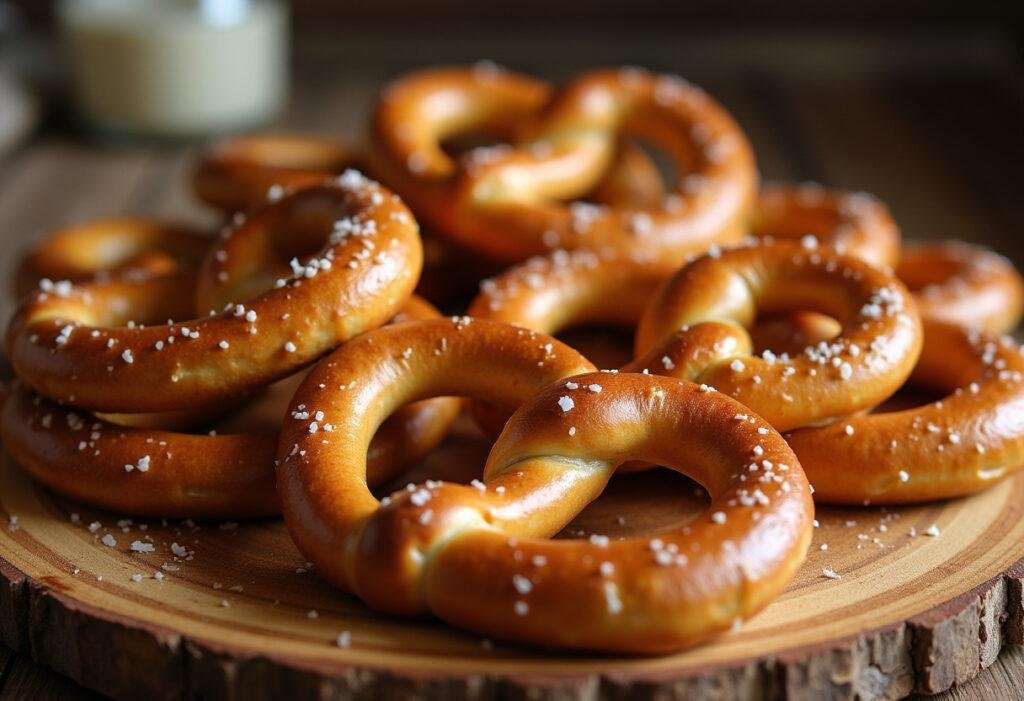 Frisch gebackene klassische Brezeln mit grobem Salz bestreut, perfekt zum Servieren.