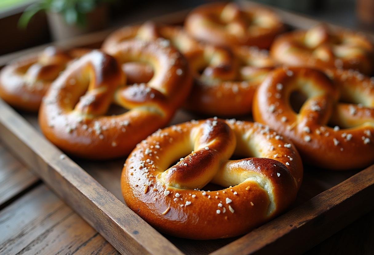 Frisch gebackene klassische Brezeln mit grobem Salz bestreut, perfekt zum Servieren.