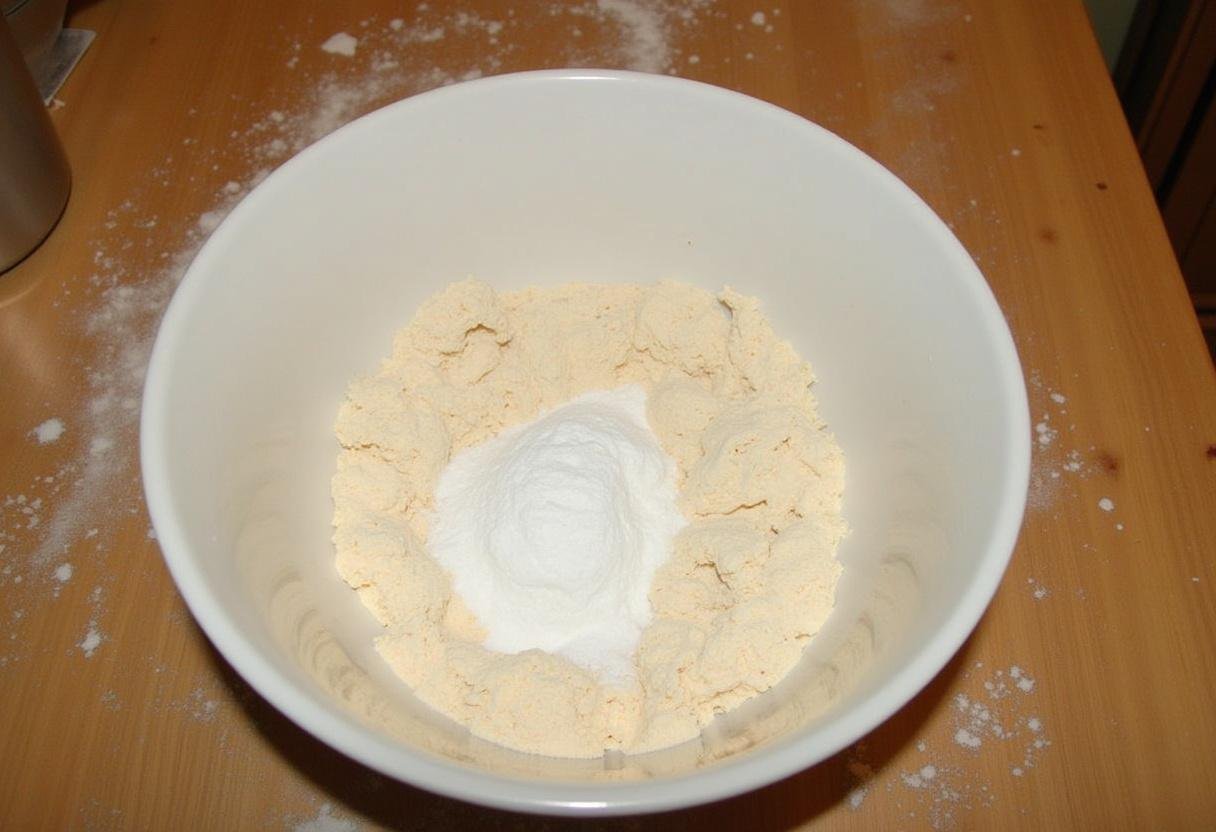 Zutaten wie Mehl, Hefe und Salz auf einer Holztheke für die Herstellung von klassischen Brezeln.