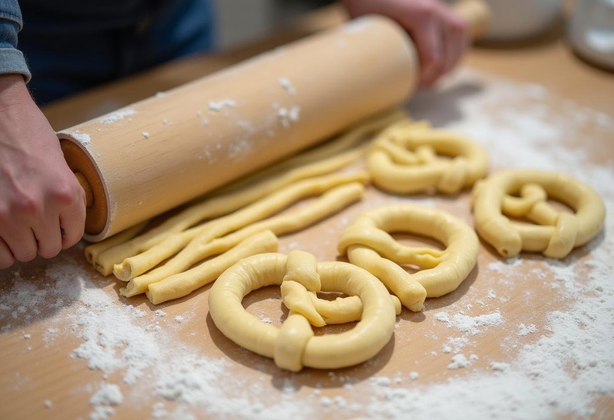 Brezelteig wird auf einer bemehlten Fläche zu Strängen gerollt und geformt.