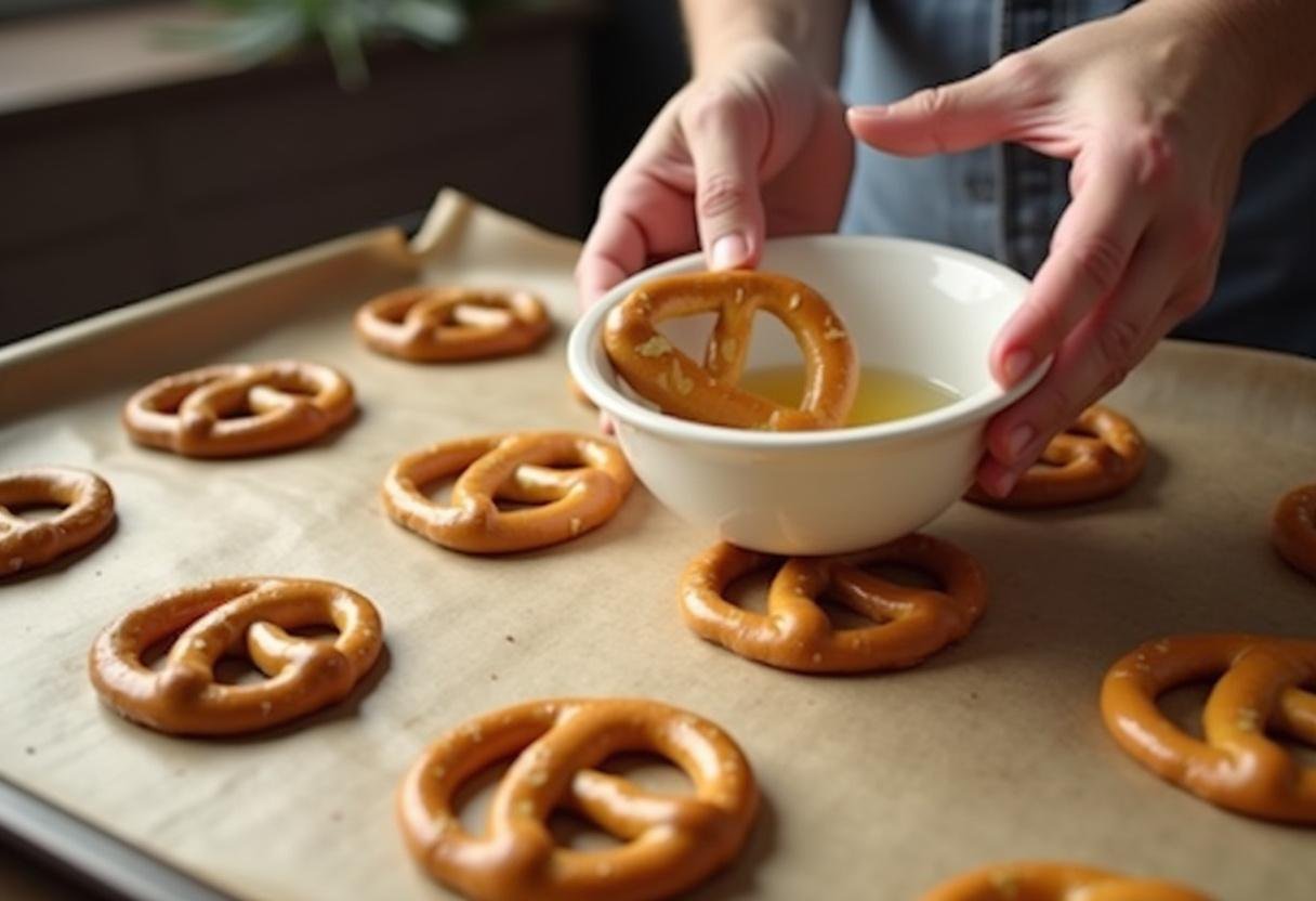 Geformte Brezeln werden in Backsoda-Wasser getaucht, bevor sie gebacken werden.