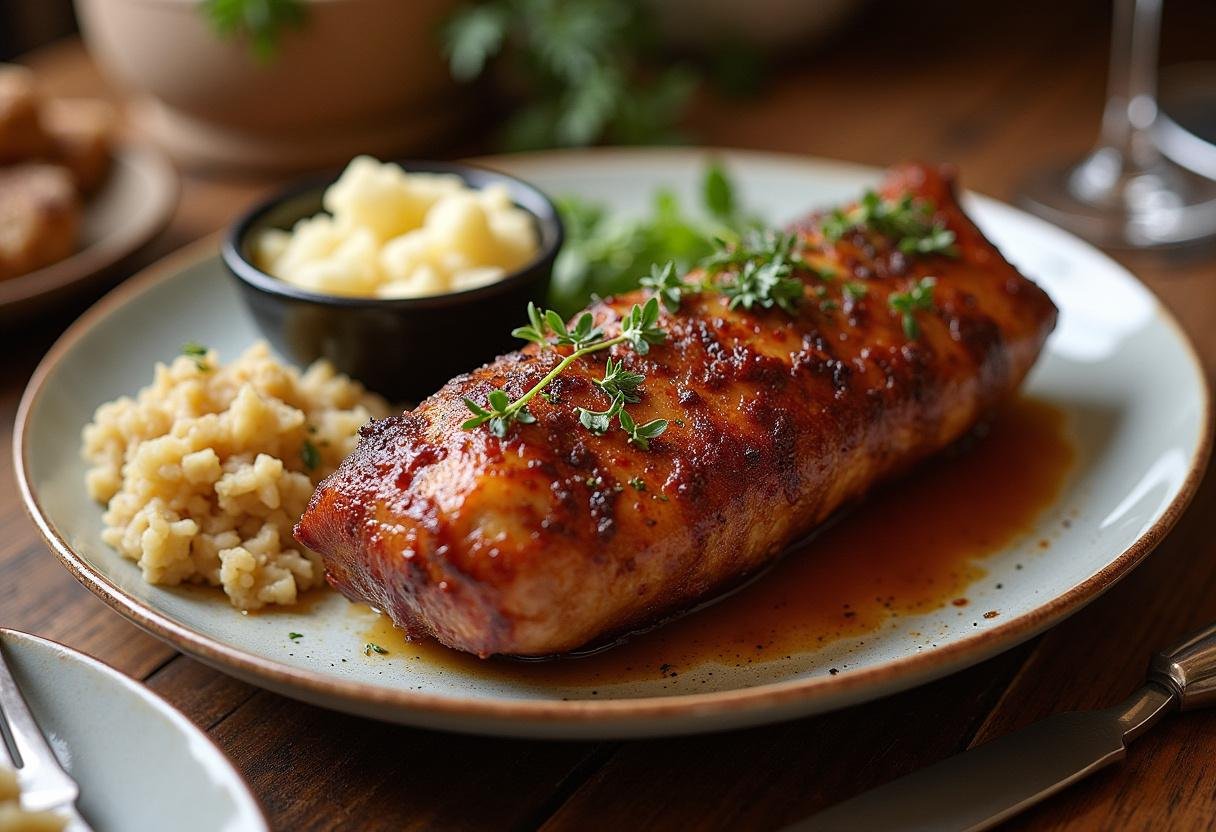 Knusprige Schweinshaxe mit goldener Kruste serviert mit Sauerkraut und Kartoffelpüree.