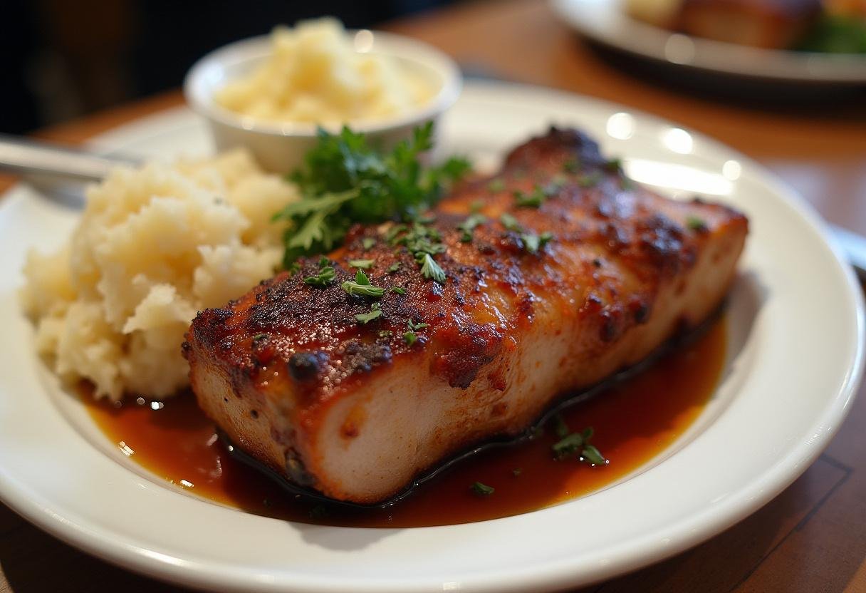 Knusprige Schweinshaxe mit goldener Kruste serviert mit Sauerkraut und Kartoffelpüree.