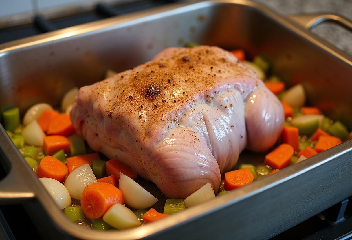 Gewürzte Schweinshaxe in einer Bratpfanne mit Zwiebeln, Karotten und Sellerie zum Braten.