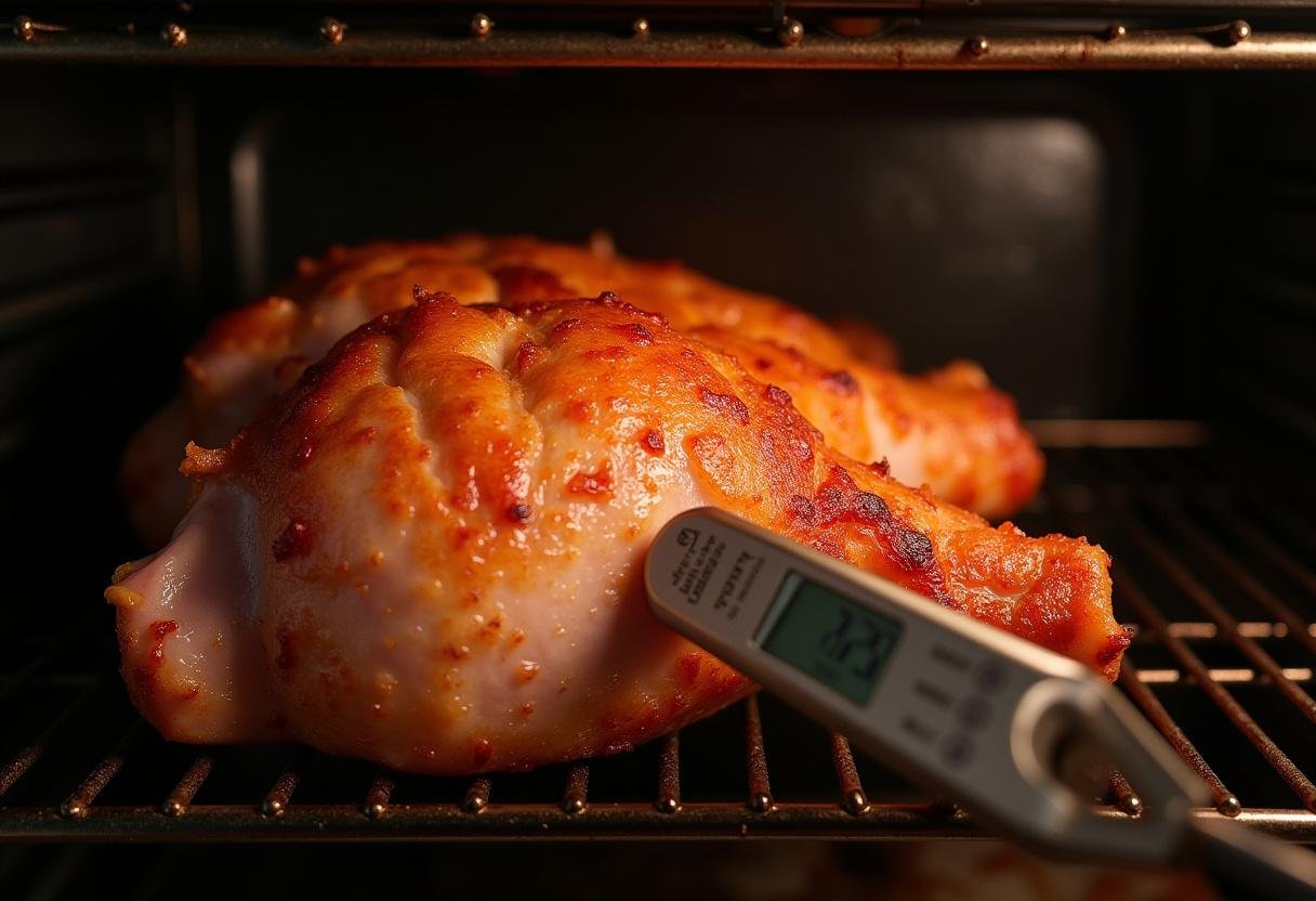 Schweinshaxe im Ofen mit goldbrauner Kruste und Fleischthermometer zur Kontrolle.