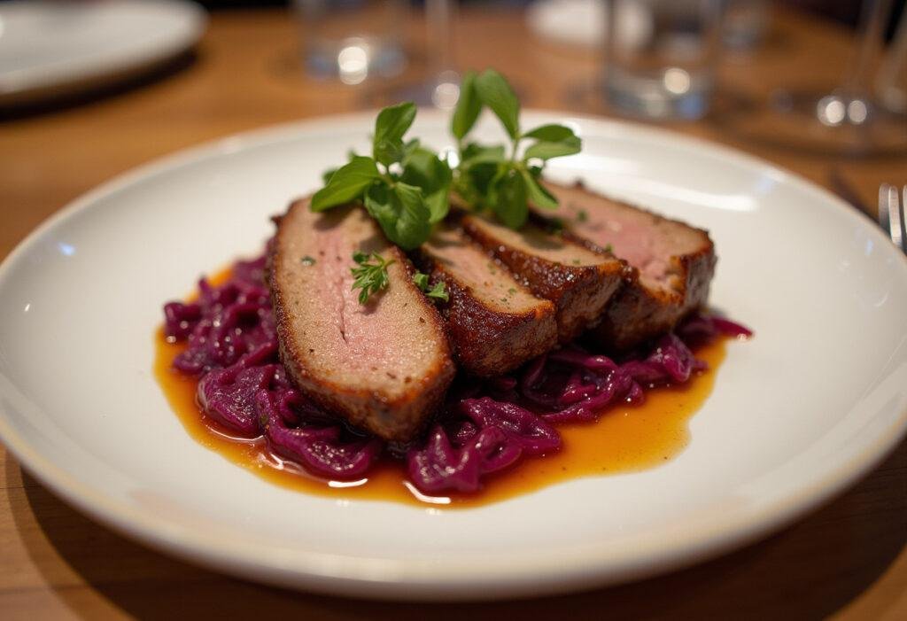Finished Krosse Entenbrust mit karamellisiertem Rotkohl, beautifully plated and ready to serve.