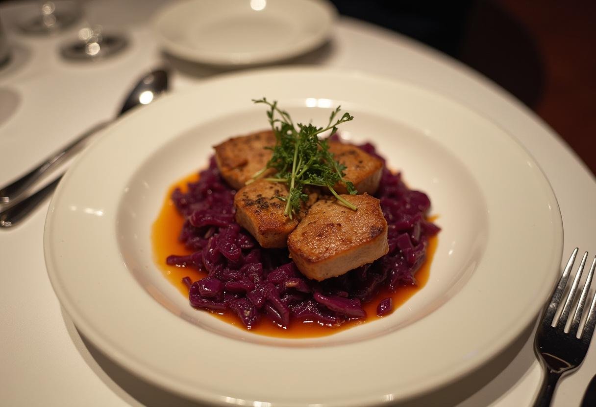 Fertige Krosse Entenbrust mit karamellisiertem Rotkohl, kunstvoll angerichtet und servierfertig.