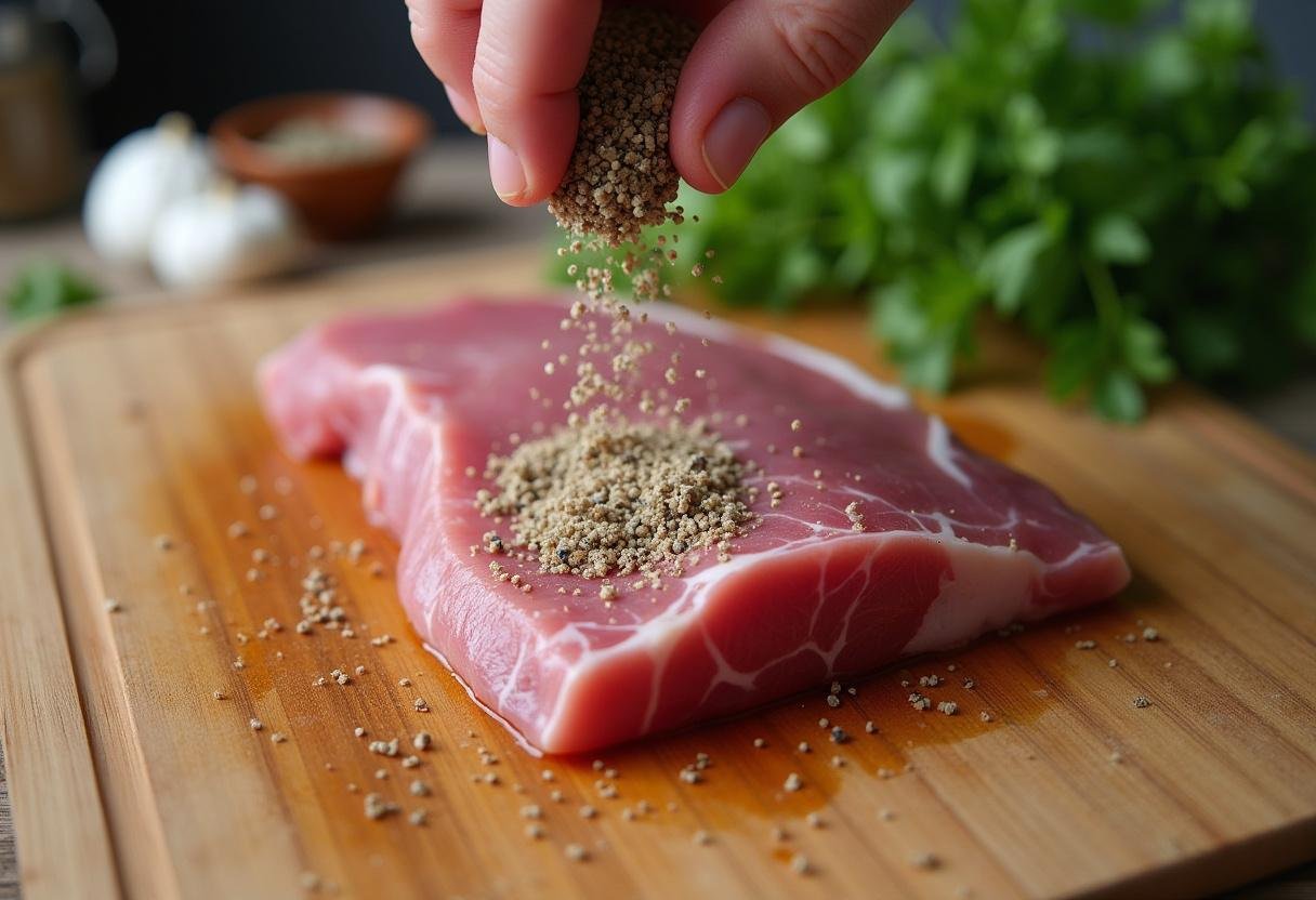 Entenbrust wird mit Salz und Pfeffer für die Zubereitung von Krosse Entenbrust mit karamellisiertem Rotkohl gewürzt.