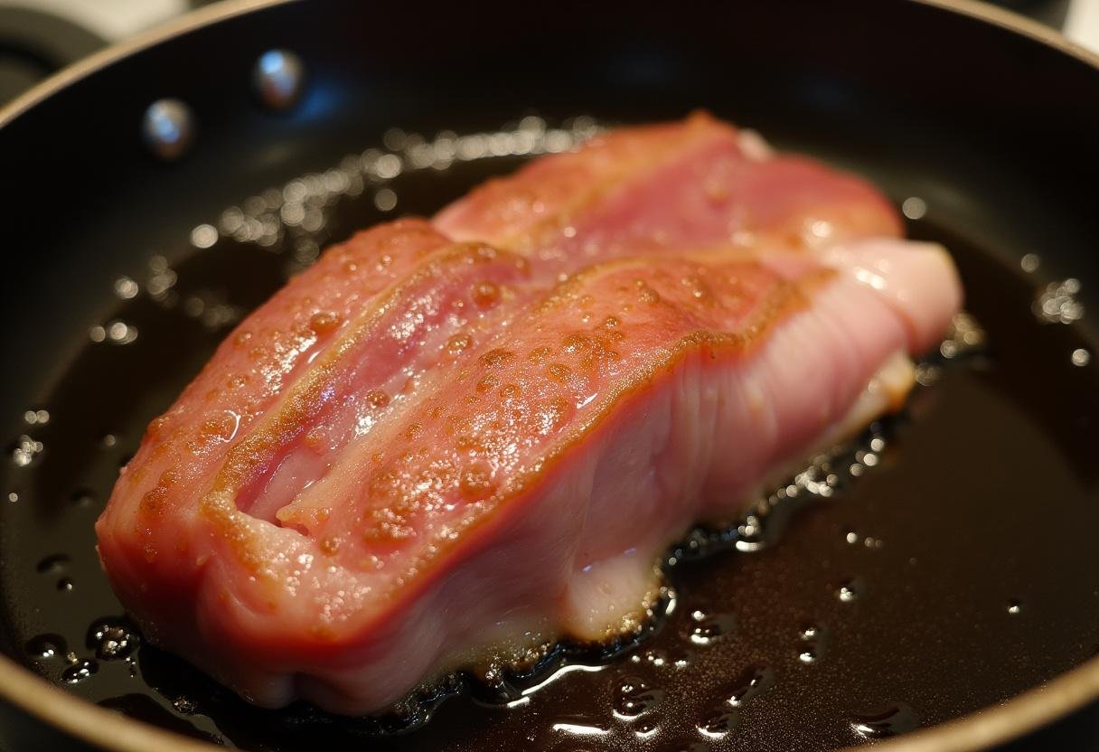 Entenbrust brät in einer Pfanne, um die perfekte knusprige Haut für Krosse Entenbrust zu erreichen.