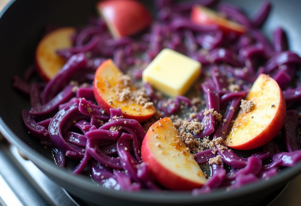 Rotkohl karamellisiert mit Äpfeln und Zucker für den perfekten karamellisierten Rotkohl.