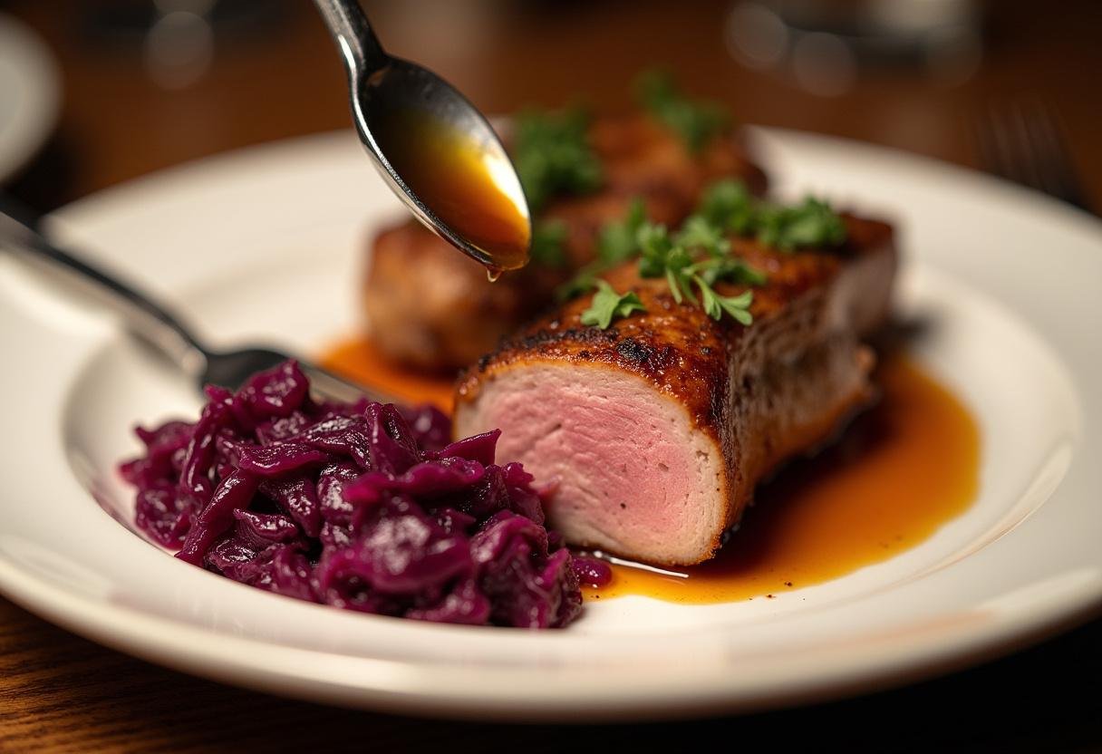 Ruhende Entenbrust mit karamellisiertem Rotkohl und Sauce - fertig zum Servieren.