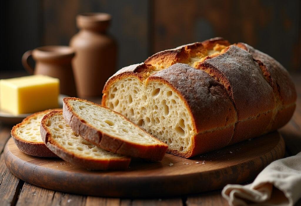 Frisch gebackenes krustiges Schwarzbrot der Alpen, serviert auf einem Holzbrett mit Butter und Käse.