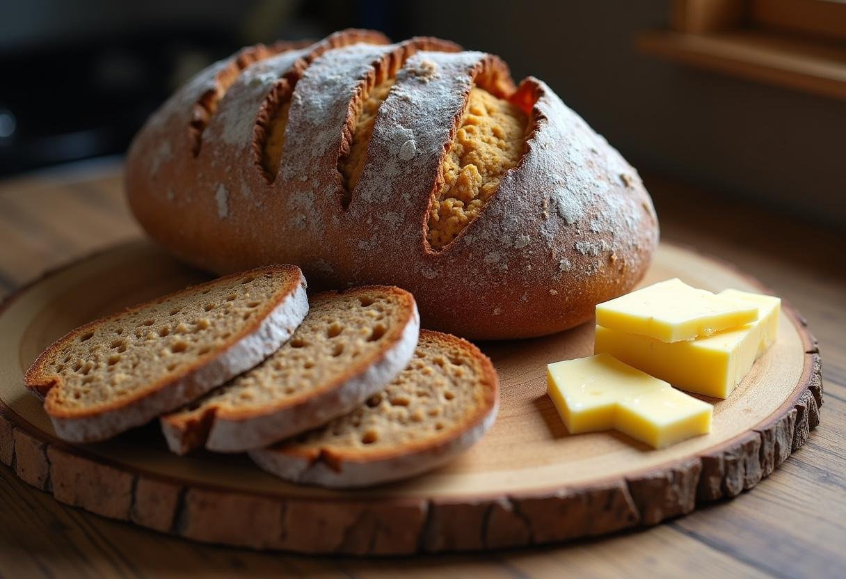 Frisch gebackenes krustiges Schwarzbrot der Alpen, serviert auf einem Holzbrett mit Butter und Käse.