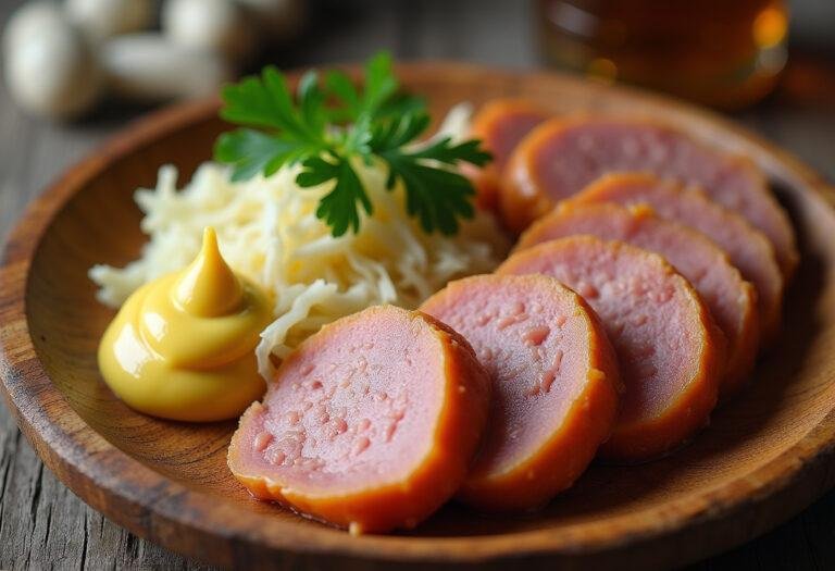 Fertige Pfälzer Saumagenröllchen mit Sauerkraut und Senf, traditionell angerichtet.