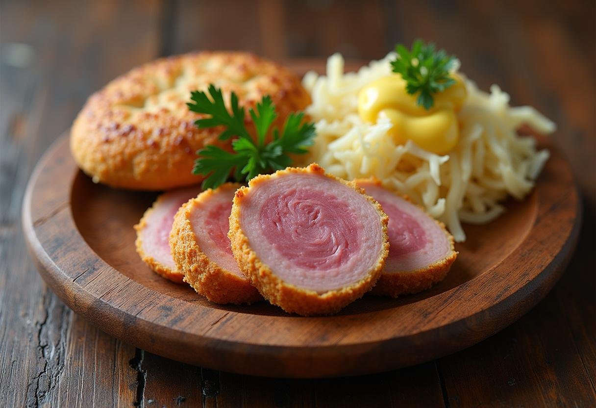 Fertige Pfälzer Saumagenröllchen mit Sauerkraut und Senf, traditionell angerichtet.