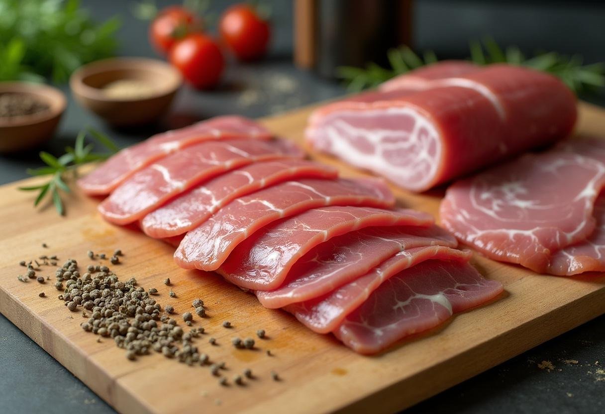 Dünn geschnittener Schweinebauch und Schweineschulter mit Gewürzen für Pfälzer Saumagenröllchen.