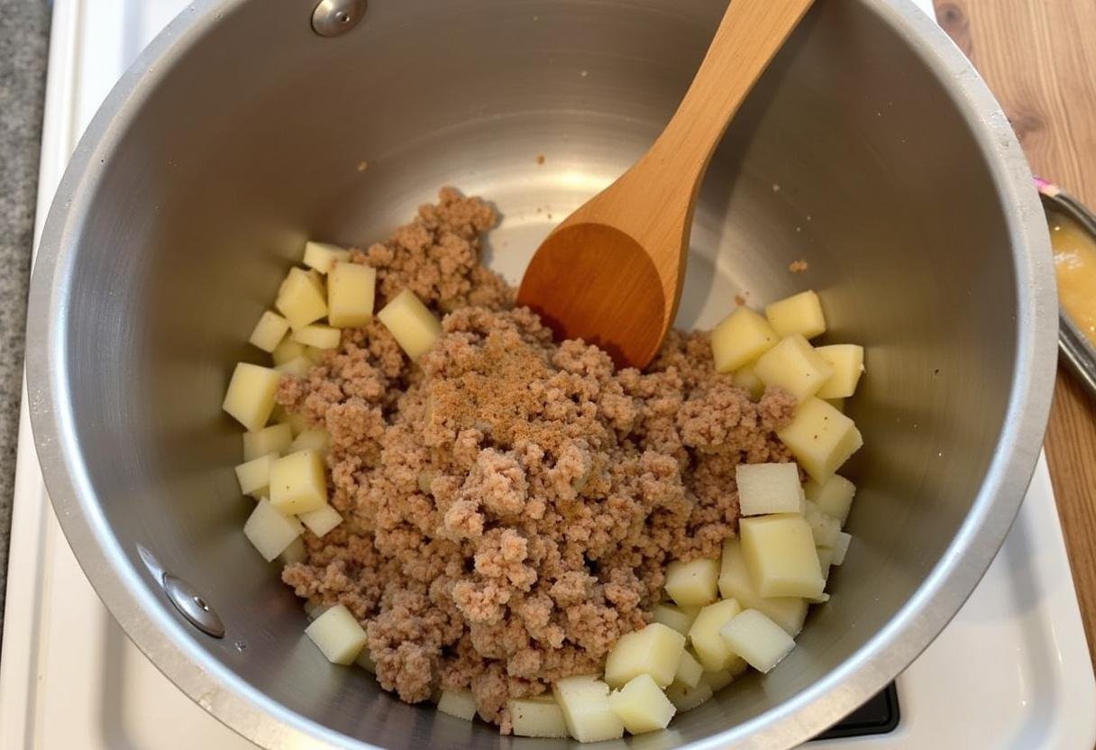 Gewürzte Schweinefleischmischung mit Zwiebeln und Kartoffeln für Pfälzer Saumagenröllchen.