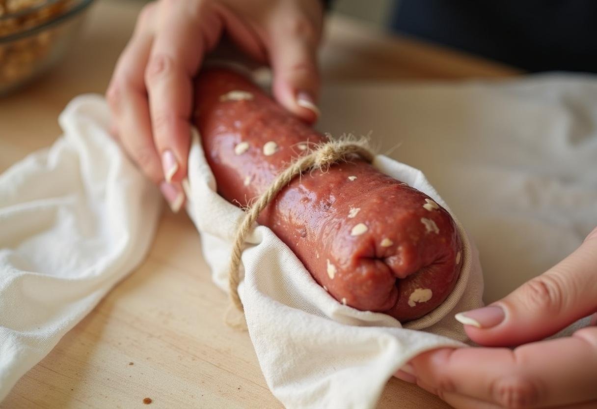 Pork mixture being rolled into a sausage shape with cheesecloth for Pfälzer Saumagenröllchen.