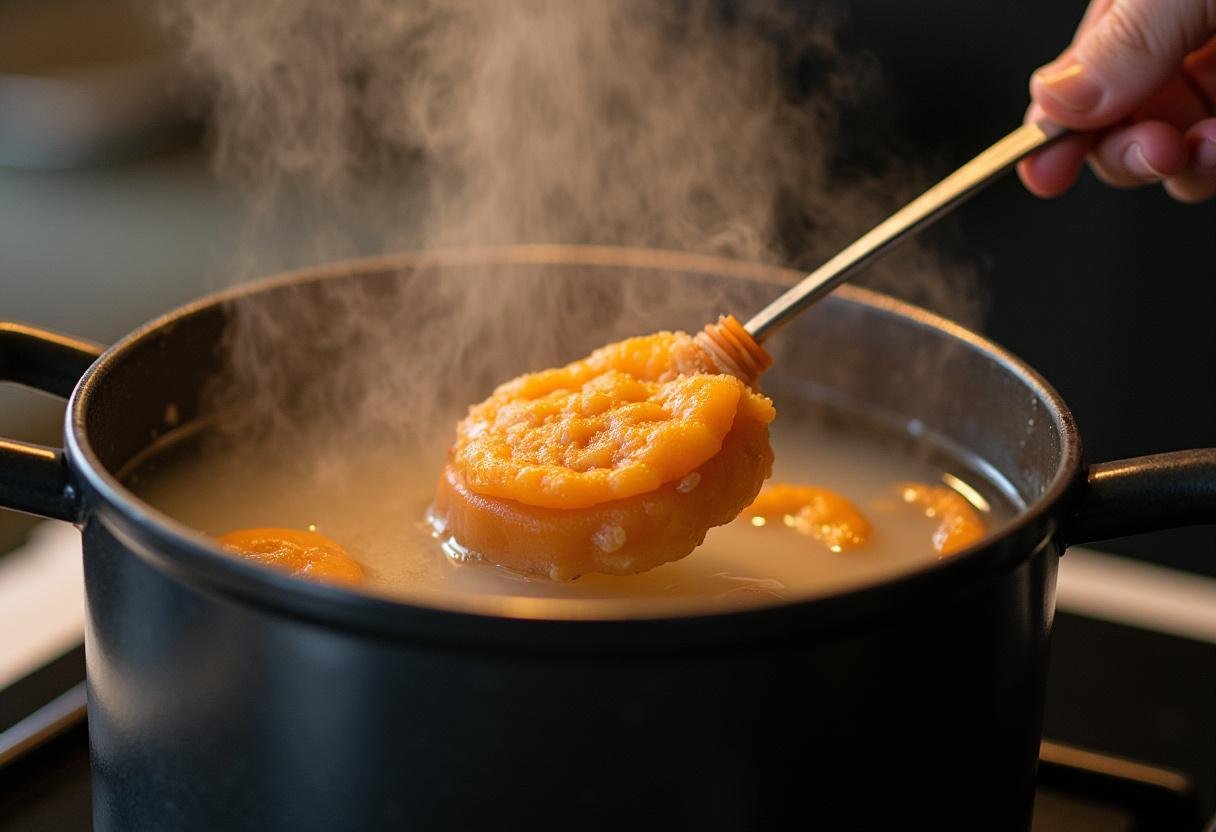 Pfälzer Saumagenröllchen im Kochtopf mit simmerndem Wasser.