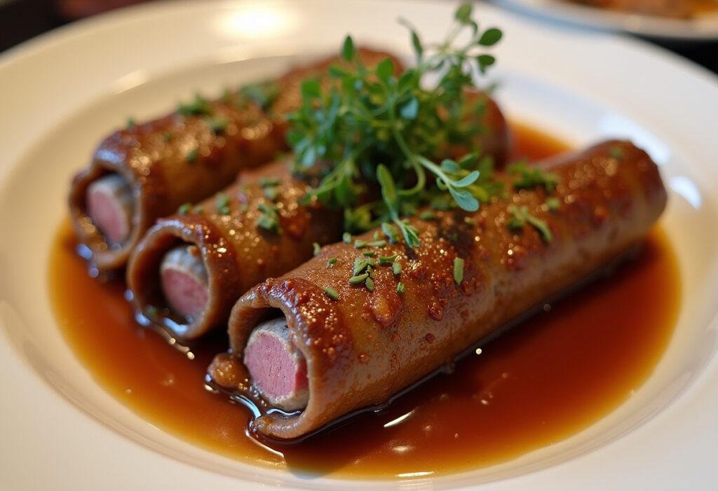 Fertige Rinderrouladen mit köstlicher Füllung und Sauce, servierfertig auf einem Teller.