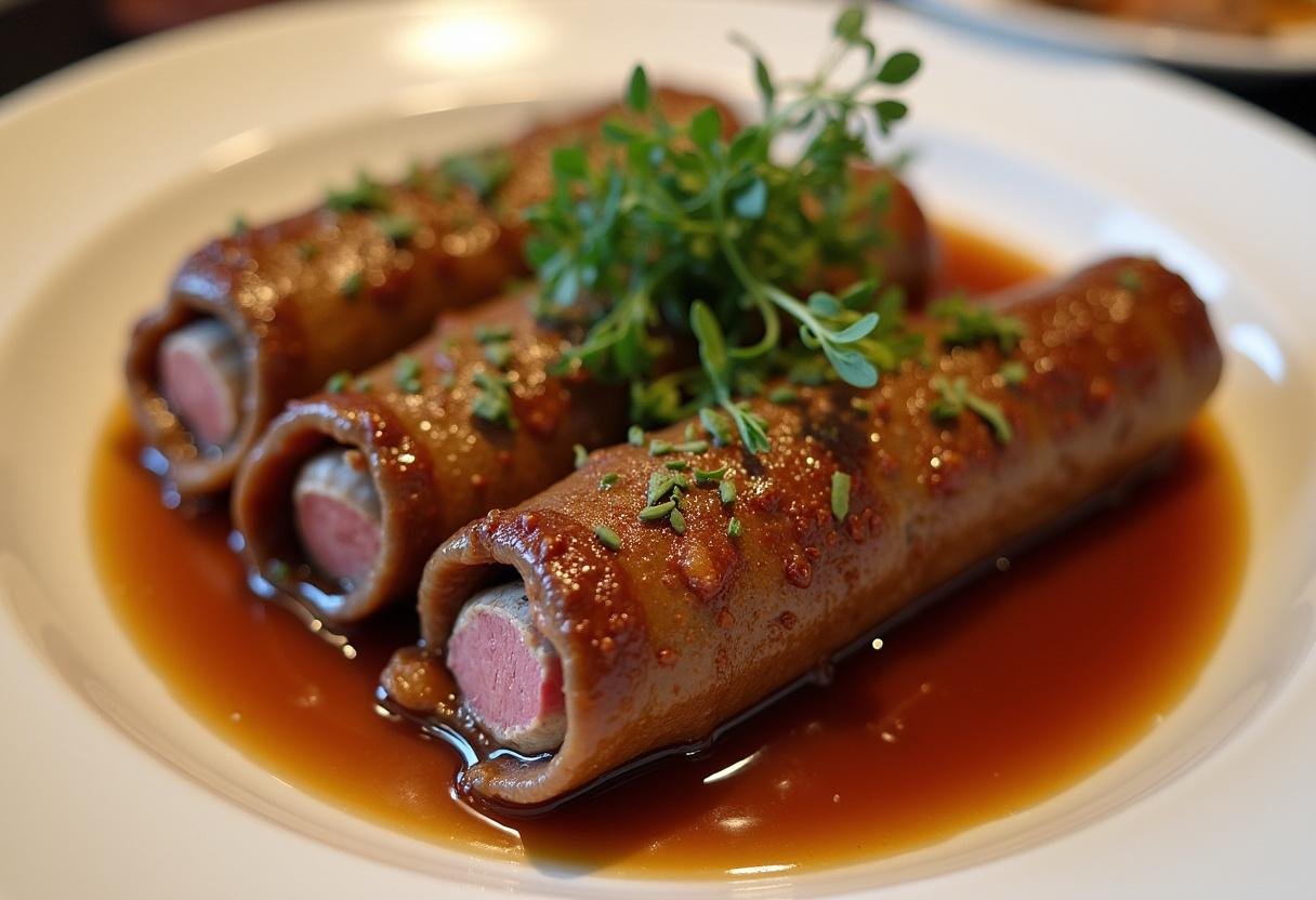 Fertige Rinderrouladen mit köstlicher Füllung und Sauce, servierfertig auf einem Teller.
