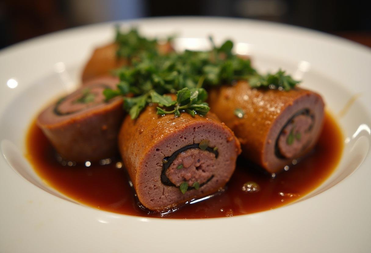 Fertige Rinderrouladen mit köstlicher Füllung und Sauce, servierfertig auf einem Teller.