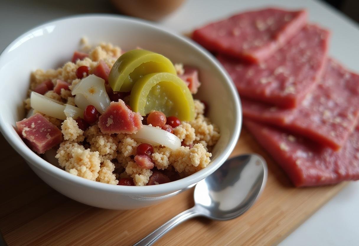 Füllung aus Zwiebeln, Speck, Gurken und Semmelbröseln für Rinderrouladen.