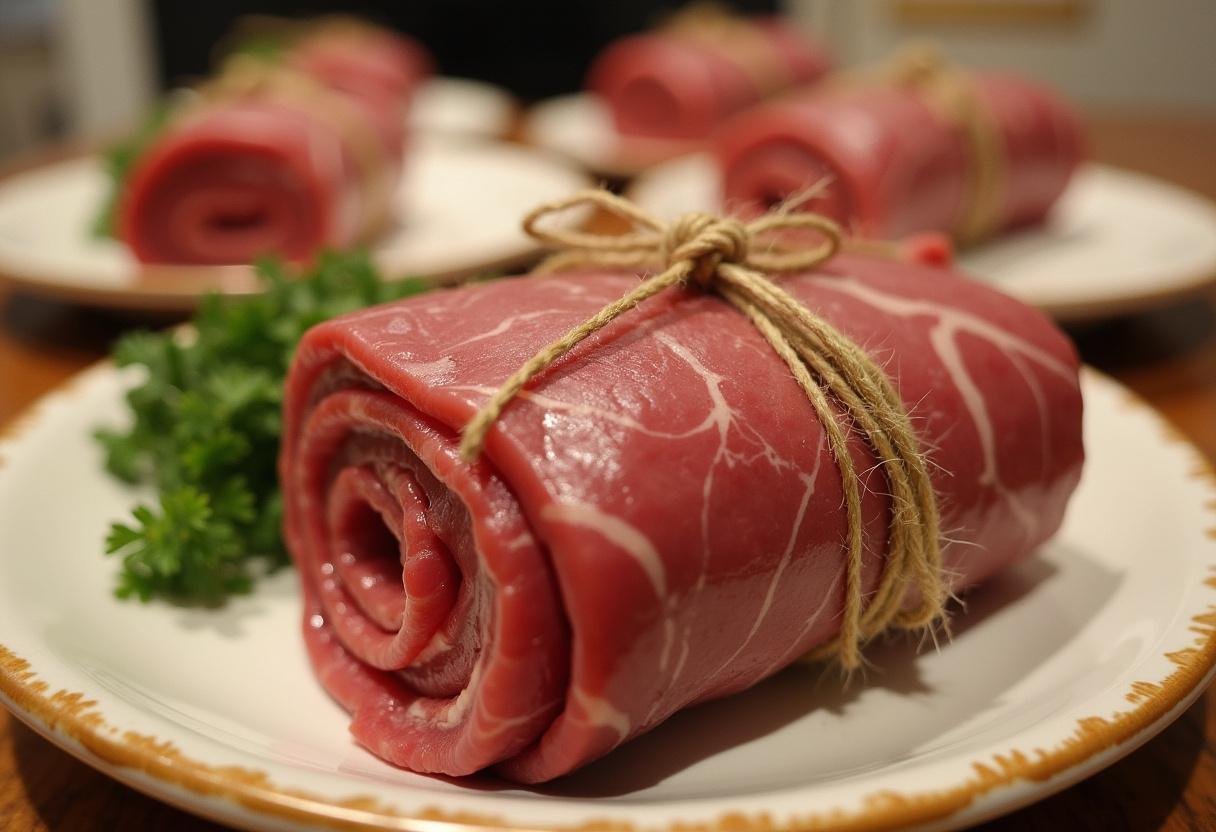Zusammengerollte Rinderrouladen mit Küchengarn fixiert.