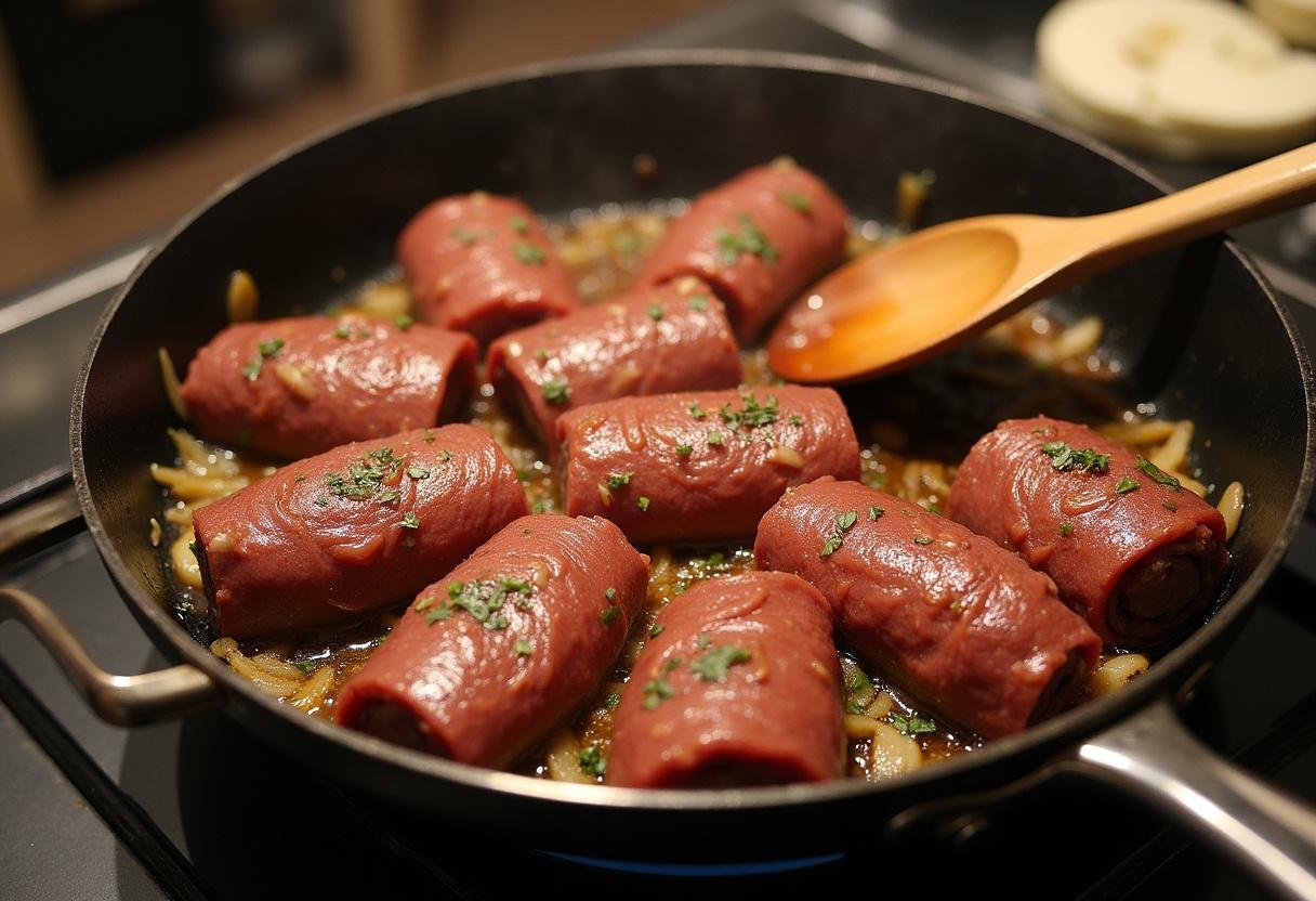 Rinderrouladen werden in einer Pfanne goldbraun angebraten.
