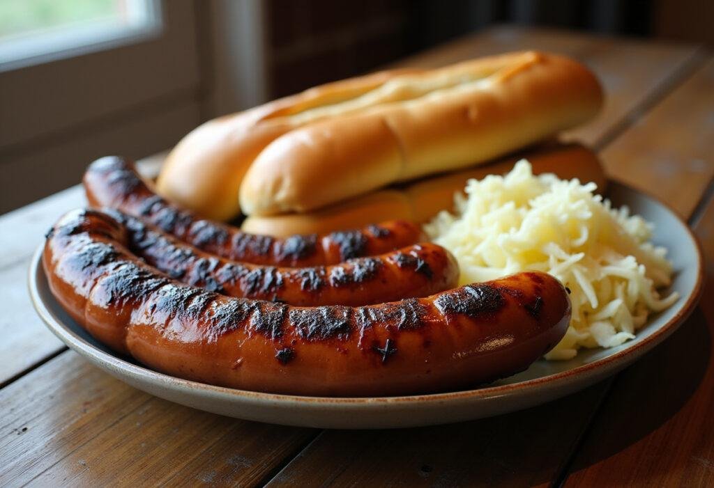 Perfekt gegrillte Bratwurst mit Brötchen, Senf, Sauerkraut und Kartoffelsalat auf einem rustikalen Holztisch.