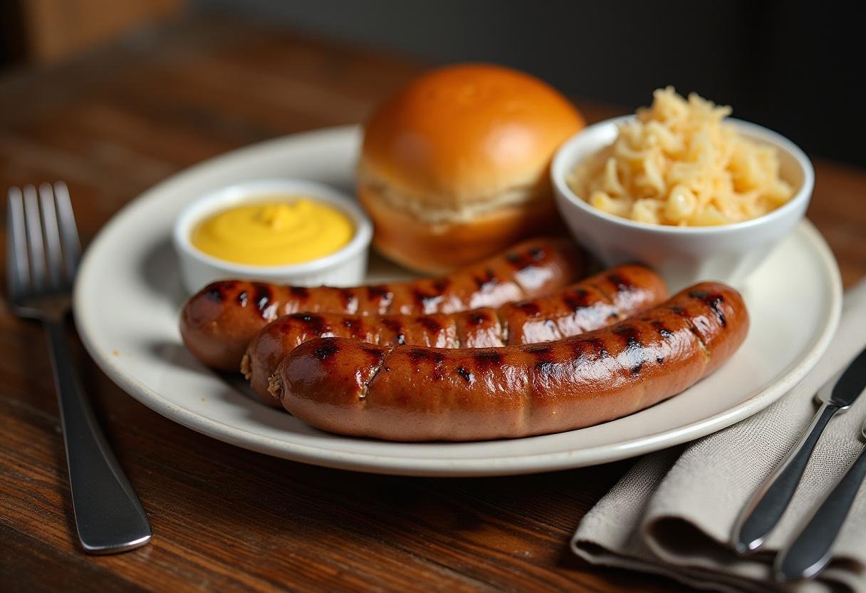 Perfekt gegrillte Bratwurst mit Brötchen, Senf, Sauerkraut und Kartoffelsalat auf einem rustikalen Holztisch.