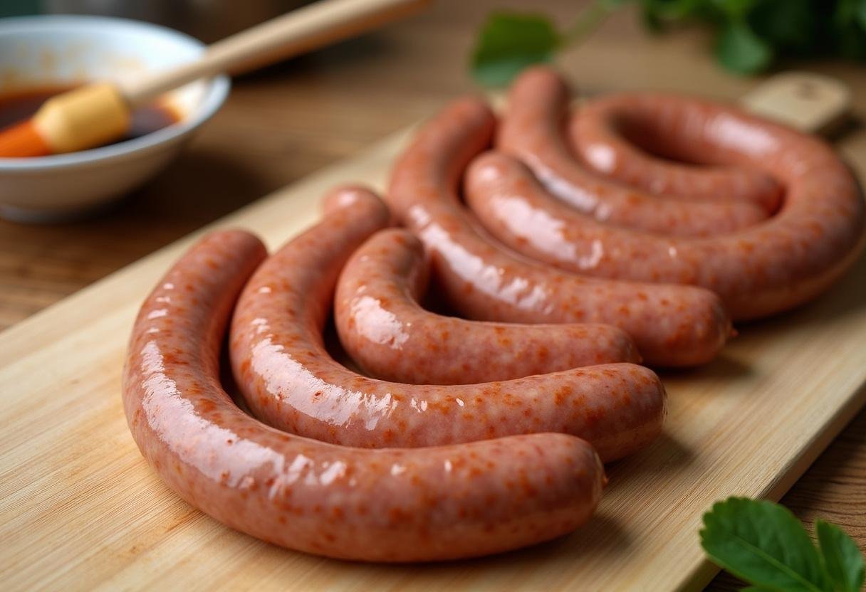 Frische Bratwürste auf einem Schneidebrett mit Marinade für den perfekten Holzkohlegrill.