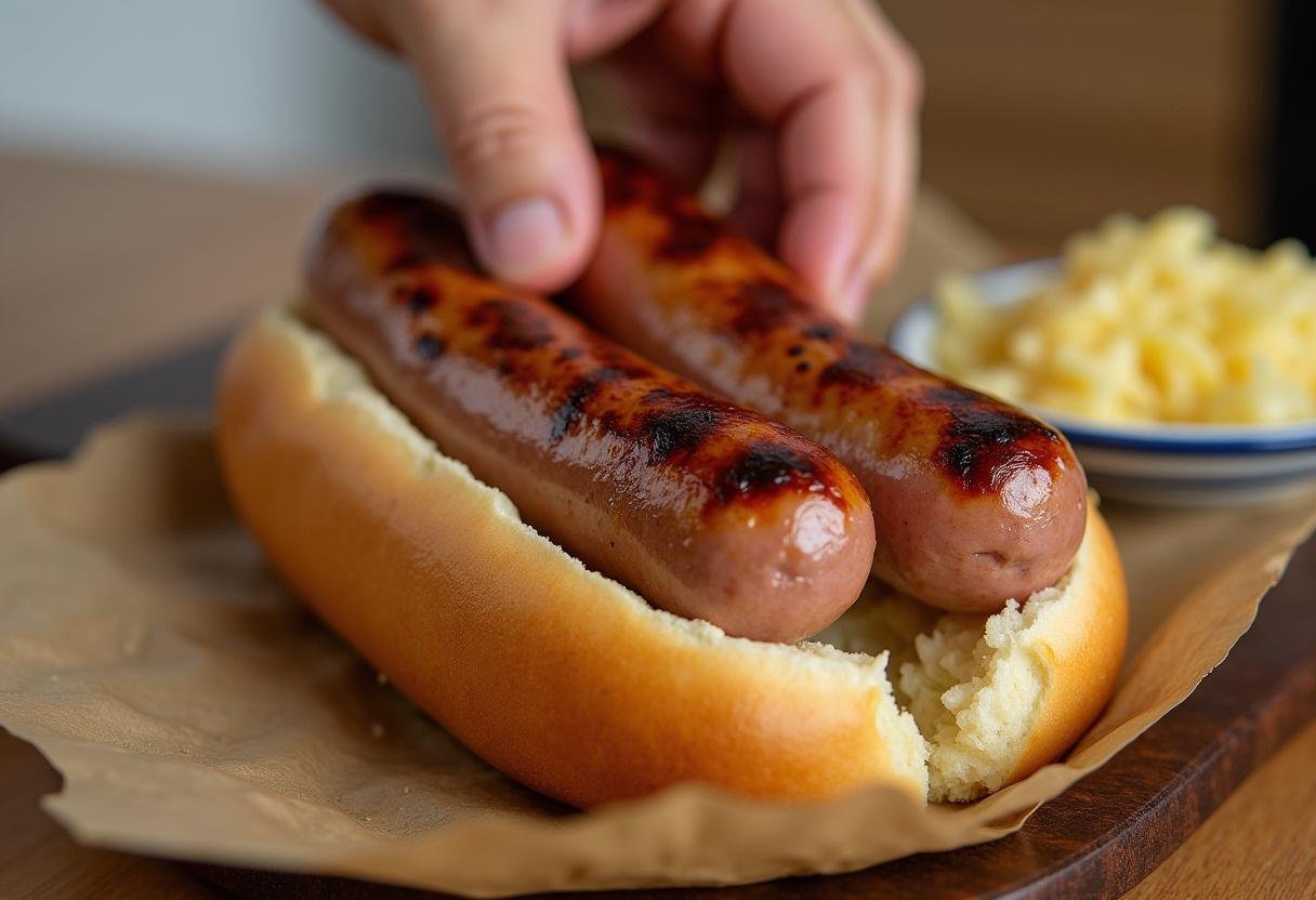 Gegrillte Bratwurst wird auf einem Brötchen mit Senf und Sauerkraut serviert.