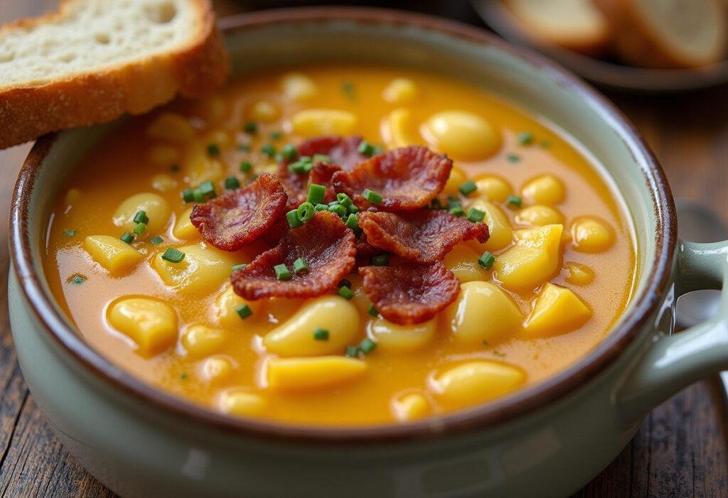 Finished Pikante Kartoffelsuppe der Natur with bacon and chives, ready to enjoy.