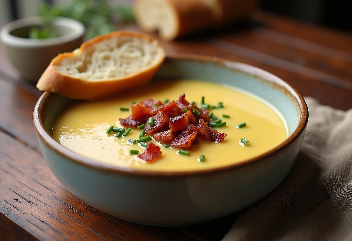 Finished Pikante Kartoffelsuppe der Natur with bacon and chives, ready to enjoy.