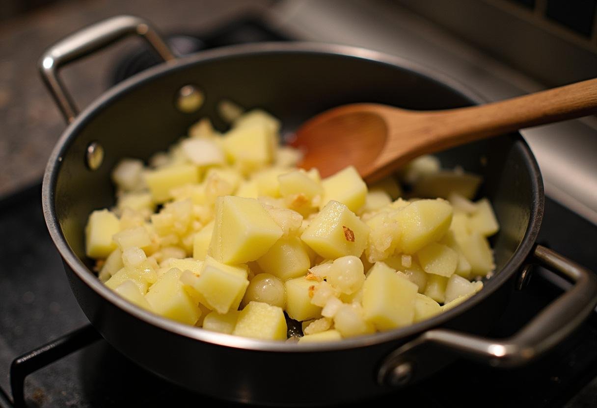 Diced potatoes, onions, and garlic sautéing in a pot for Pikante Kartoffelsuppe der Natur.