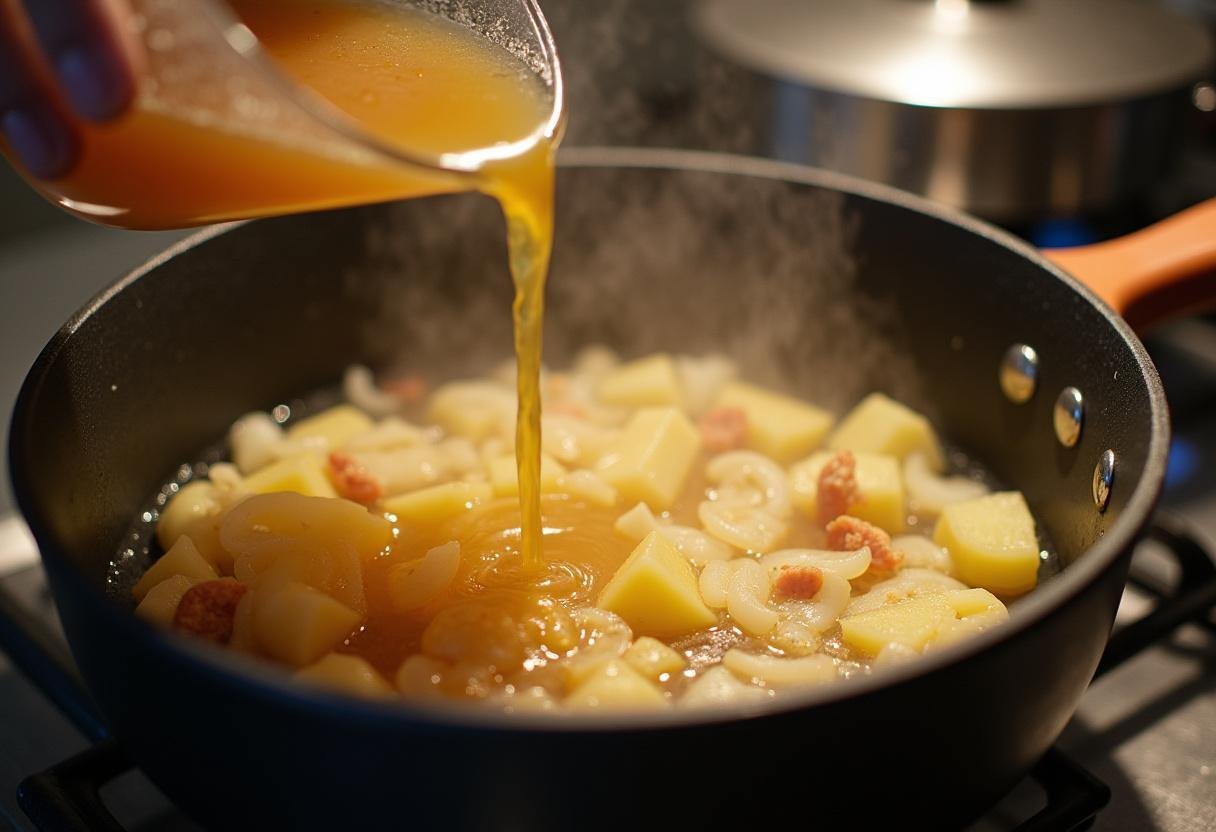 Vegetable broth added to sautéed potatoes and onions for Pikante Kartoffelsuppe der Natur.