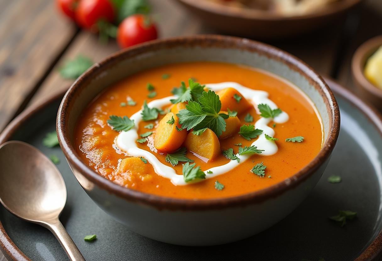 Bowl of Pikante Kartoffelsuppe der Natur garnished with herbs and cream.