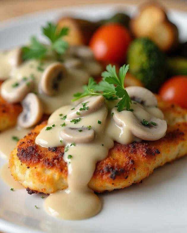 Poulet-Croustillant-Dore-avec-Sauce-aux-Champignons-et-au-Parmesan-Featured-630x785