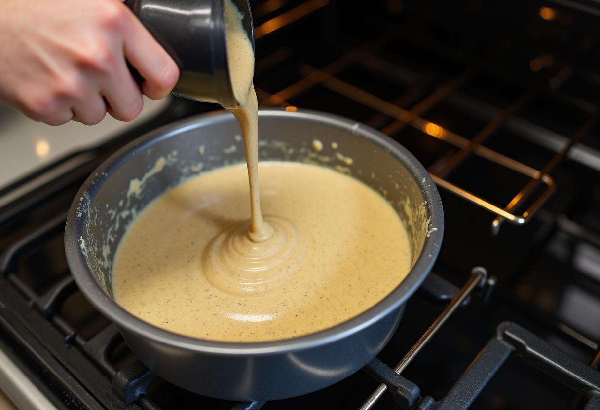 Mohnkuchen-Teig wird in eine eingefettete Backform gefüllt.