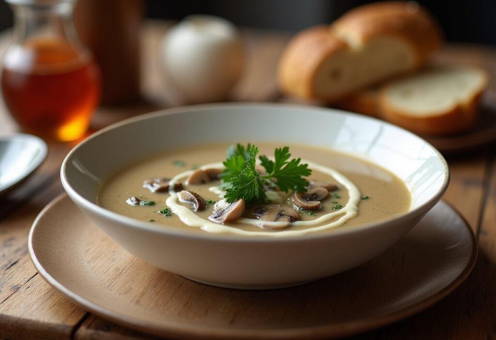 Fertige Sahnige Champignonrahmsuppe mit Petersilie garniert, serviert mit Brot.
