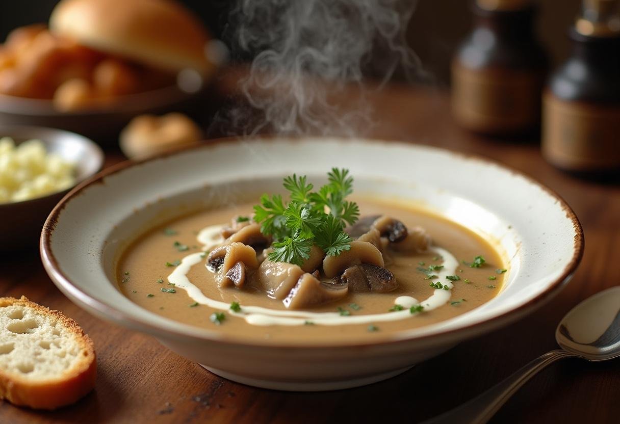 Fertige Sahnige Champignonrahmsuppe mit Petersilie garniert, serviert mit Brot.